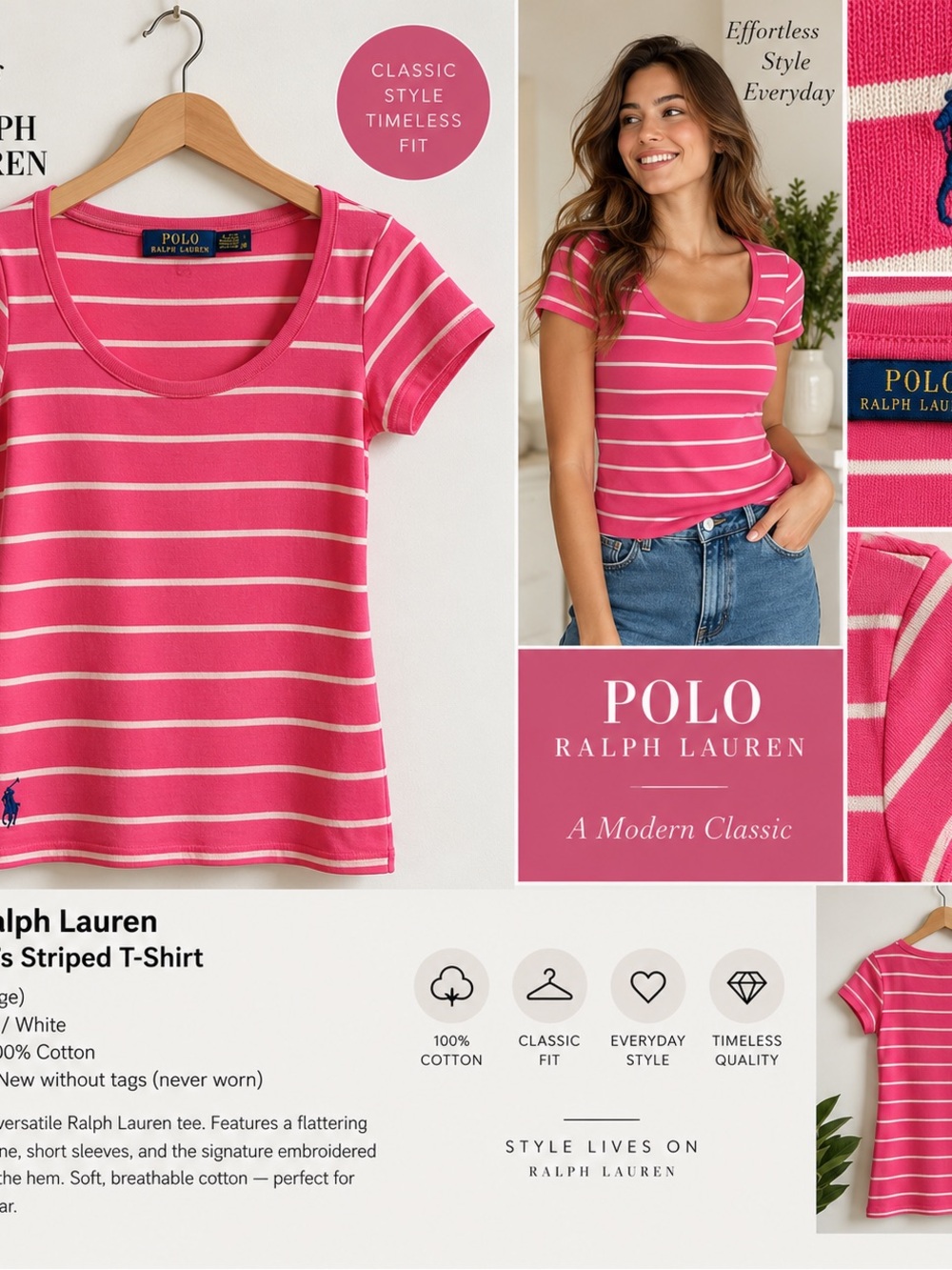 Polo by Ralph Lauren Pink & White Striped Scoop Neck Tee